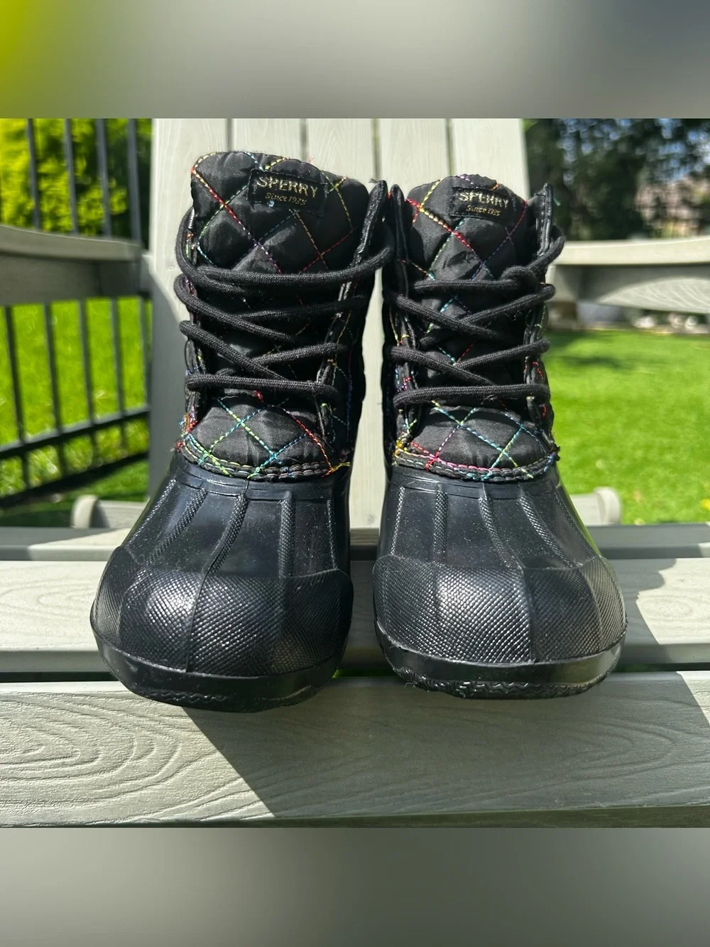 Sperry Port Duck Boots Rainbow Stitching Kids Sz 2 Youth Black Waterproof